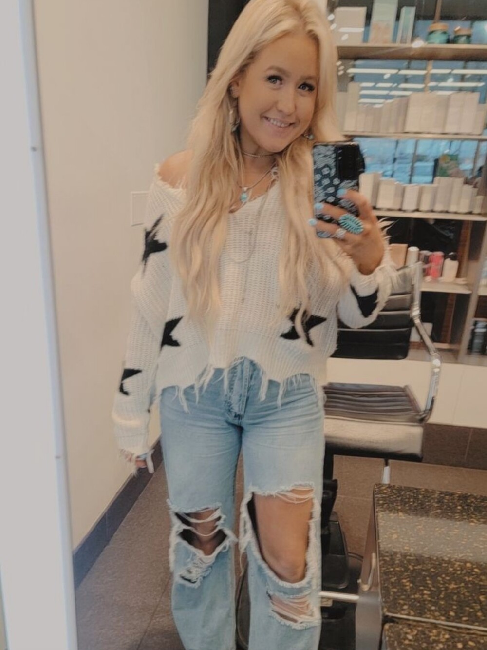 Polly & Esther Cream Off-the-Shoulder Star Sweater